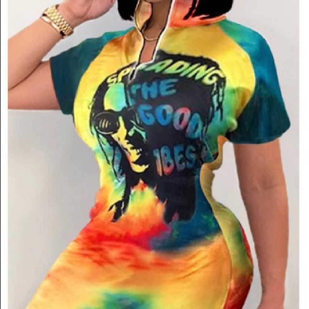 Wholesale21 Rainbow Tie-Dye Graphic Bodycon Dress Medium M Festival Y2K